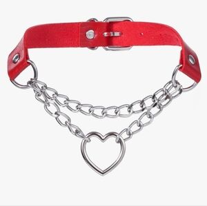 Red PU Leather Link Chain Heart Choker Collar Punk Goth BDSM Emo Women's